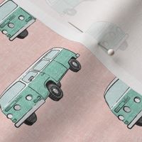 Retro Camper Bus - vintage car - aqua on pink - LAD19