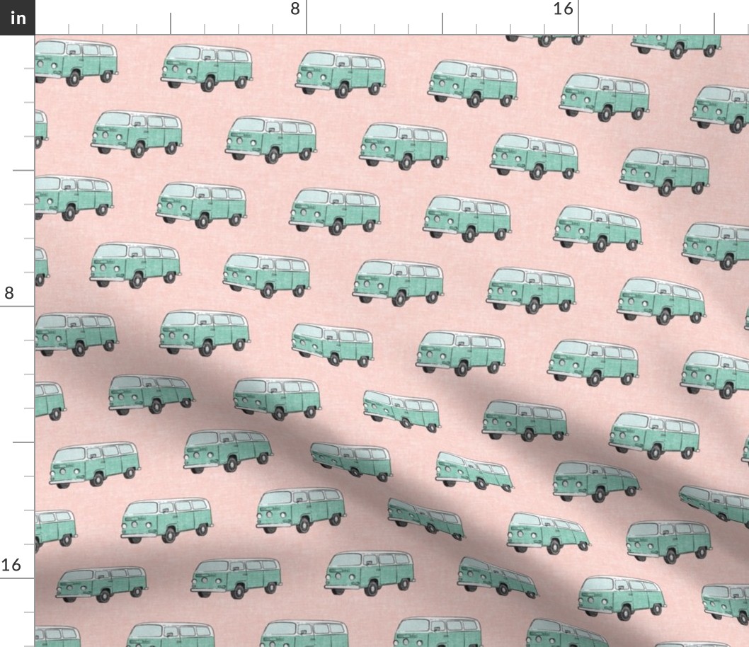 Retro Camper Bus - vintage car - aqua on pink - LAD19