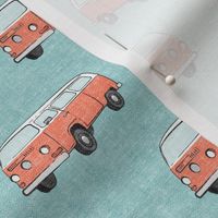 Retro Camper Bus - vintage car - peach on blue - LAD19