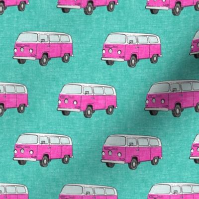 Retro Camper Bus - vintage car - pink on teal - LAD19