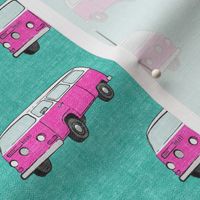 Retro Camper Bus - vintage car - pink on teal - LAD19