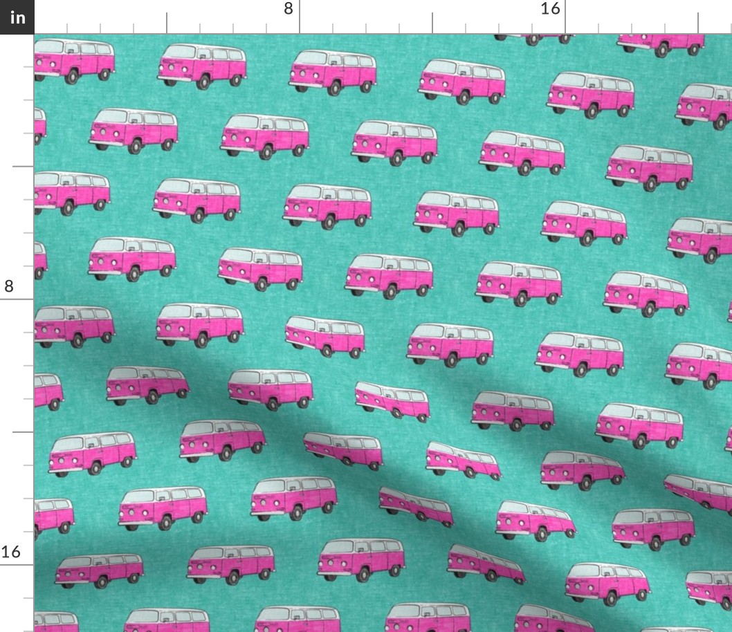 Retro Camper Bus - vintage car - pink on teal - LAD19