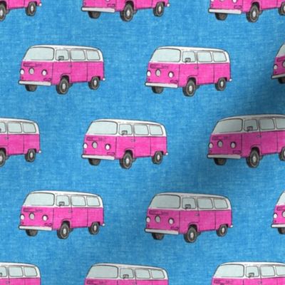 Retro Camper Bus - vintage car - pink on blue - LAD19