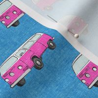 Retro Camper Bus - vintage car - pink on blue - LAD19