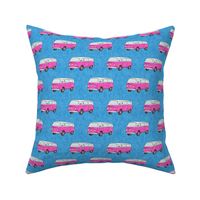 Retro Camper Bus - vintage car - pink on blue - LAD19