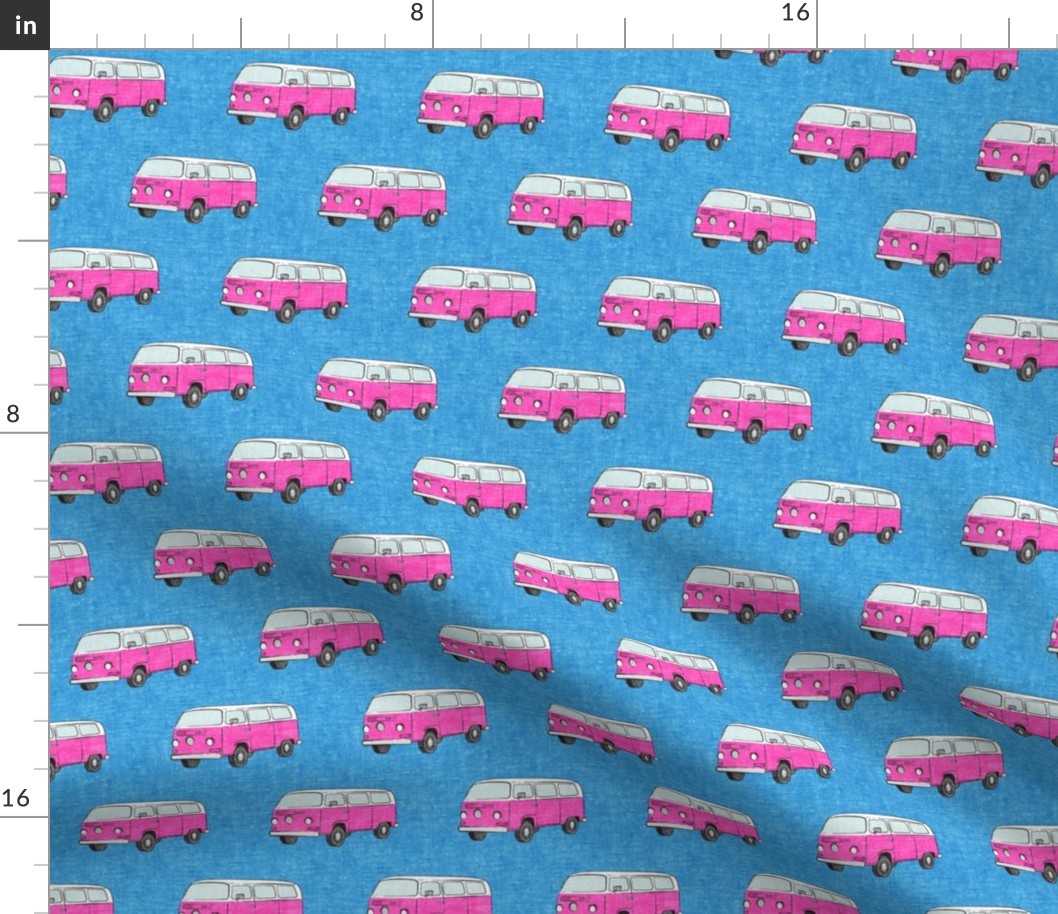 Retro Camper Bus - vintage car - pink on blue - LAD19