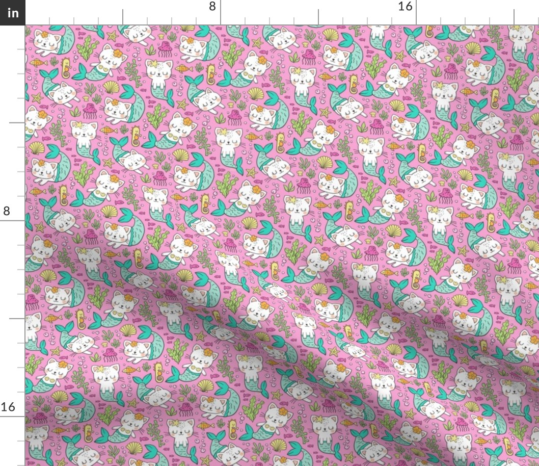 Purrmaids Cats Mermaids  Sea Doodle Mint on Magenta Pink 50% Smaller