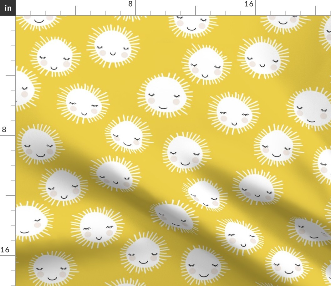 Sweet sunny kawaii sky smiling sleepy sun in summer yellow white