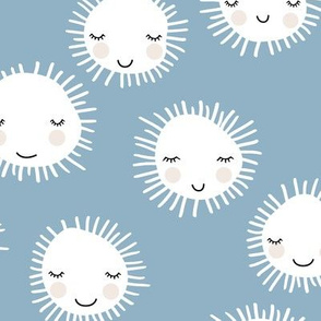 Sweet sunny kawaii sky smiling sleepy sun in summer blue white
