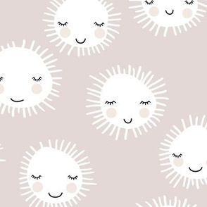 Sweet sunny kawaii sky smiling sleepy sun in summer beige white