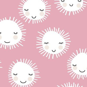 Sweet sunny kawaii sky smiling sleepy sun in summer pink white