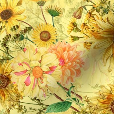 18" Vintage Sunflower bouquets on yellow,Sunflowers fabric ,sunflower fabric