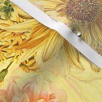18" Vintage Sunflower bouquets on yellow,Sunflowers fabric ,sunflower fabric