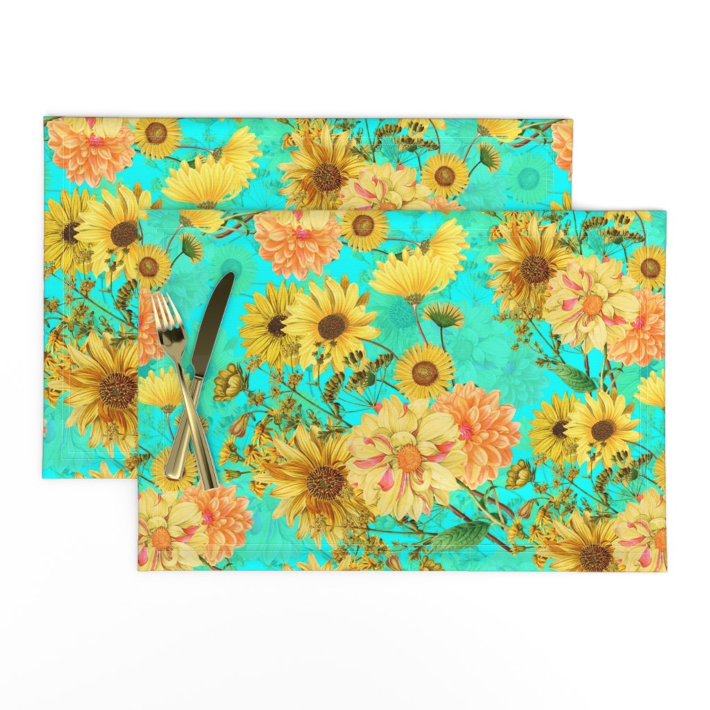 18" Vintage Sunflower bouquets on teal,Sunflowers fabric ,sunflower fabric