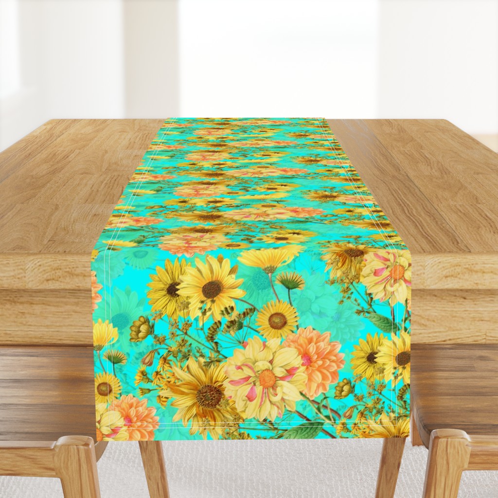 18" Vintage Sunflower bouquets on teal,Sunflowers fabric ,sunflower fabric