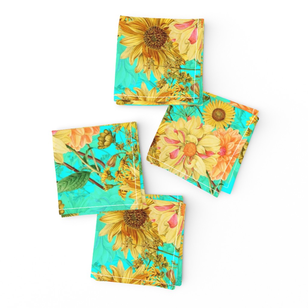 18" Vintage Sunflower bouquets on teal,Sunflowers fabric ,sunflower fabric