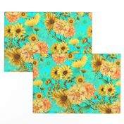 18" Vintage Sunflower bouquets on teal,Sunflowers fabric ,sunflower fabric