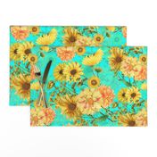 18" Vintage Sunflower bouquets on teal,Sunflowers fabric ,sunflower fabric