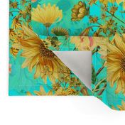 18" Vintage Sunflower bouquets on teal,Sunflowers fabric ,sunflower fabric