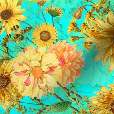 18" Vintage Sunflower bouquets on teal,Sunflowers fabric ,sunflower fabric