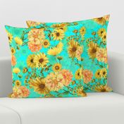 18" Vintage Sunflower bouquets on teal,Sunflowers fabric ,sunflower fabric