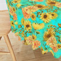 18" Vintage Sunflower bouquets on teal,Sunflowers fabric ,sunflower fabric