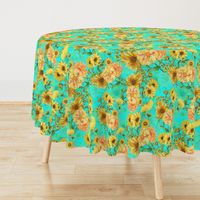 18" Vintage Sunflower bouquets on teal,Sunflowers fabric ,sunflower fabric