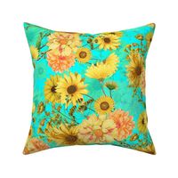 18" Vintage Sunflower bouquets on teal,Sunflowers fabric ,sunflower fabric