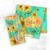 18" Vintage Sunflower bouquets on teal,Sunflowers fabric ,sunflower fabric