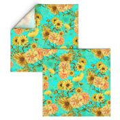 18" Vintage Sunflower bouquets on teal,Sunflowers fabric ,sunflower fabric