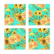 18" Vintage Sunflower bouquets on teal,Sunflowers fabric ,sunflower fabric