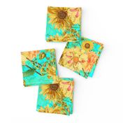 18" Vintage Sunflower bouquets on teal,Sunflowers fabric ,sunflower fabric