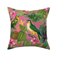 18" Pierre-Joseph Redouté tropicals Lush tropical vintage parrot Jungle blossoms summer paradise in colorful pink