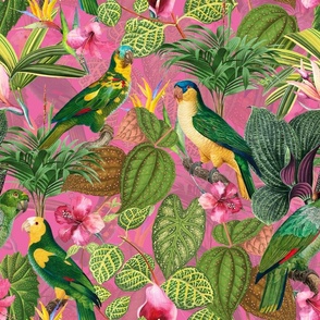 18" Pierre-Joseph Redouté tropicals Lush tropical vintage parrot Jungle blossoms summer paradise in colorful pink