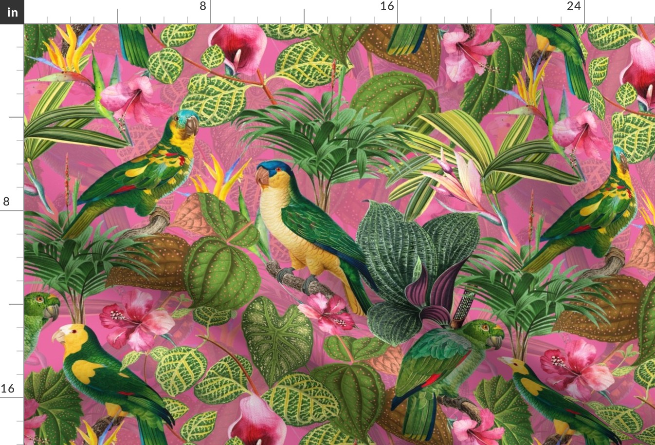 18" Pierre-Joseph Redouté tropicals Lush tropical vintage parrot Jungle blossoms summer paradise in colorful pink