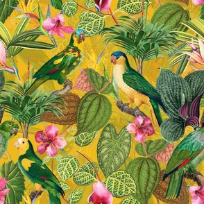 18" Pierre-Joseph Redouté tropicals Lush tropical vintage parrot Jungle blossoms summer paradise in sunny yellow