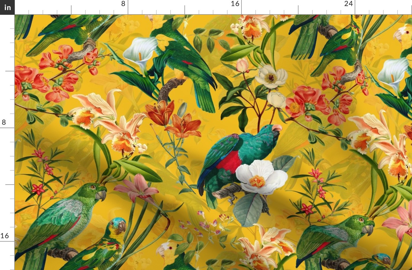 18" Pierre-Joseph Redouté tropicals Lush hawaiian tropical vintage parrot Jungle summer paradise in sunny yellow