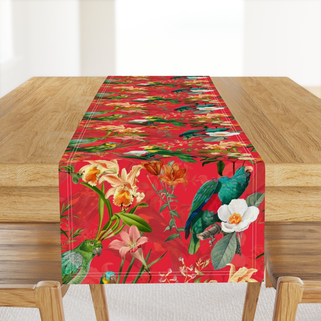 18" Pierre-Joseph Redouté tropicals Lush hawaiian tropical vintage parrot Jungle summer paradise in fiery red