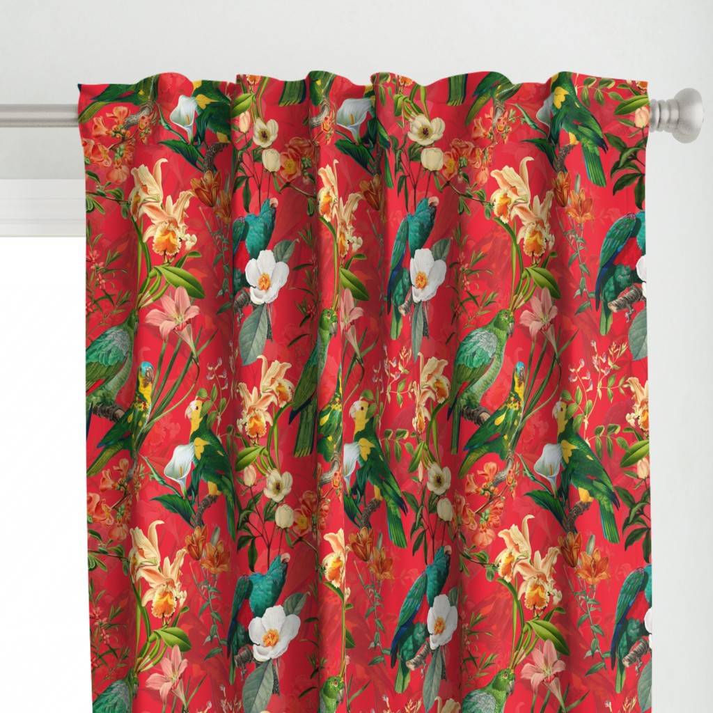 18" Pierre-Joseph Redouté tropicals Lush hawaiian tropical vintage parrot Jungle summer paradise in fiery red