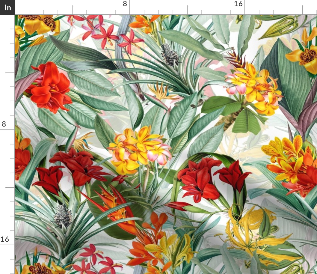 18"  Pierre-Joseph Redouté Vintage Tropical Palm Jungle, Palm fabric,vintage hawaiian fabric double on white