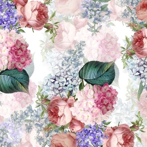 Nostalgic Pink Roses, Hydrangea Lilacs Springflowers, Antique Flowers Bouquets,vintage home decor,  English Roses Fabric white