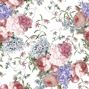 Nostalgic Pink Roses, Hydrangea Lilacs Springflowers, Antique Flowers Bouquets,vintage home decor,  English Roses Fabric,white