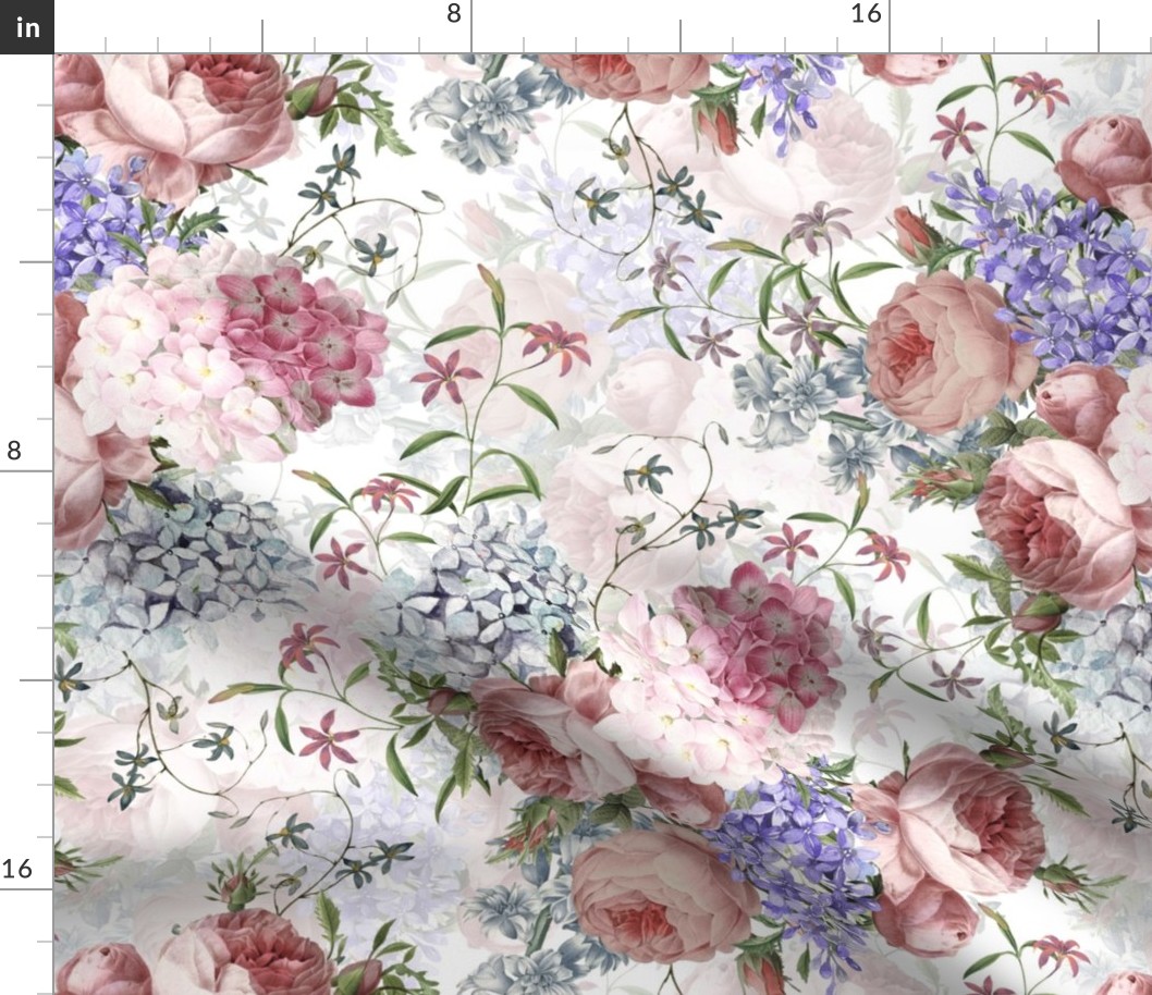 Nostalgic Pink Roses, Hydrangea Lilacs Springflowers, Antique Flowers Bouquets,vintage home decor,  English Roses Fabric white double layer