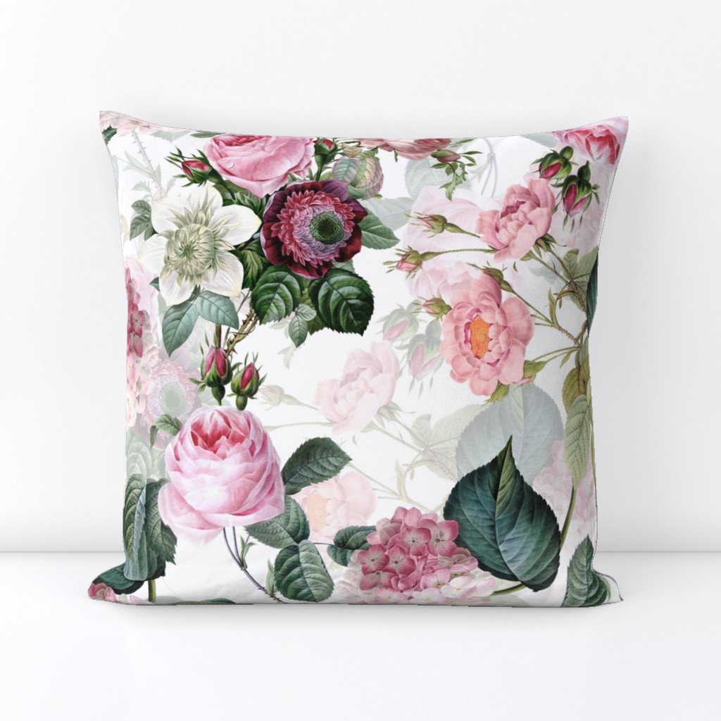 Nostalgic Pink Roses, Hydrangea , Antique Flowers Bouquets,vintage home decor,  English Roses Fabric  white