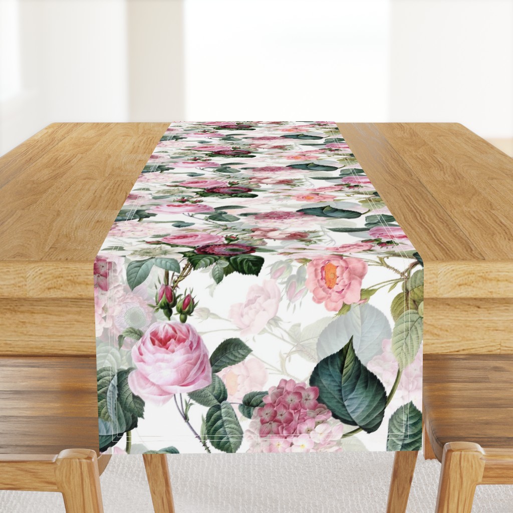 Nostalgic Pink Roses, Hydrangea , Antique Flowers Bouquets,vintage home decor,  English Roses Fabric  white