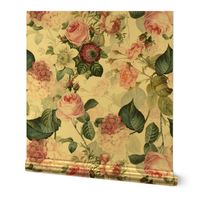 Nostalgic Pink Roses, Hydrangea , Antique Flowers Bouquets,vintage home decor,  English Roses Fabric  white