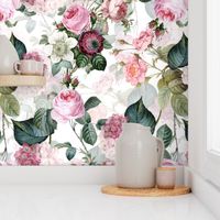 Nostalgic Pink Roses, Hydrangea , Antique Flowers Bouquets,vintage home decor,  English Roses Fabric  white