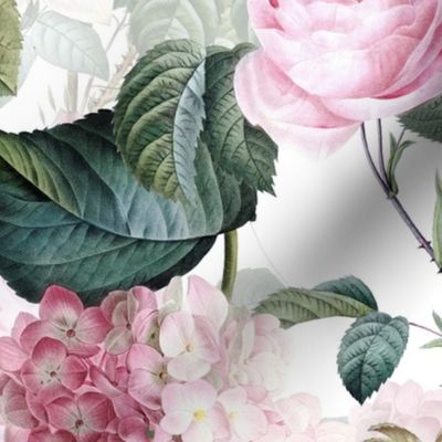 Nostalgic Pink Roses, Hydrangea , Antique Flowers Bouquets,vintage home decor,  English Roses Fabric  white