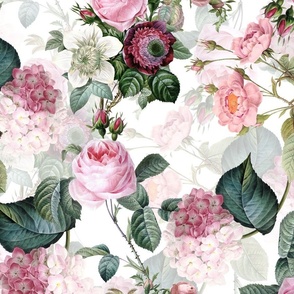 Nostalgic Pink Roses, Hydrangea , Antique Flowers Bouquets,vintage home decor,  English Roses Fabric  white