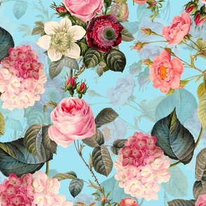 Nostalgic Pink Roses, Hydrangea , Antique Flowers Bouquets,vintage home decor,  English Roses Fabric light blue